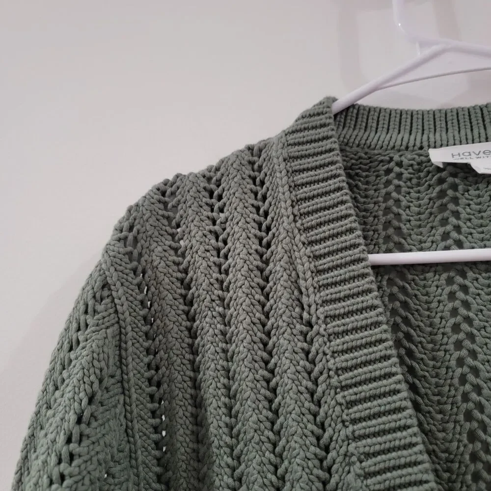 Womens Cardigan Sweater Size Small Forest Green Open Knit Heavy Boho Indie Fairy - Picture 3 of 8